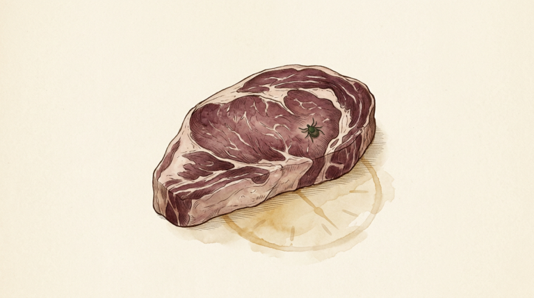 Illustration of a beef steak with a tick on it, symbolizing alpha-gal syndrome from a tick bite